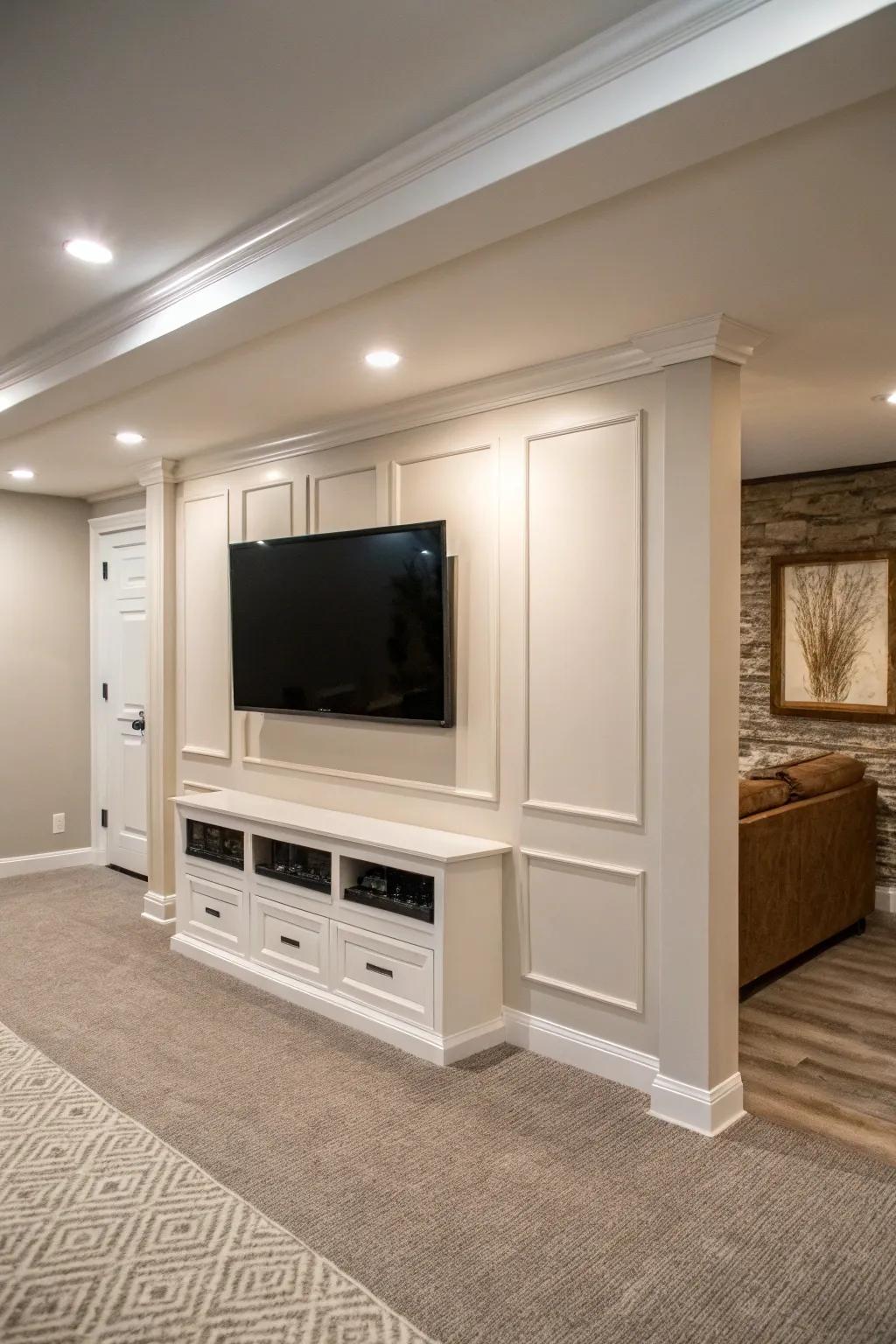 A minimalist basement TV wall featuring a sleek, wall-mounted TV and neutral decor elements.