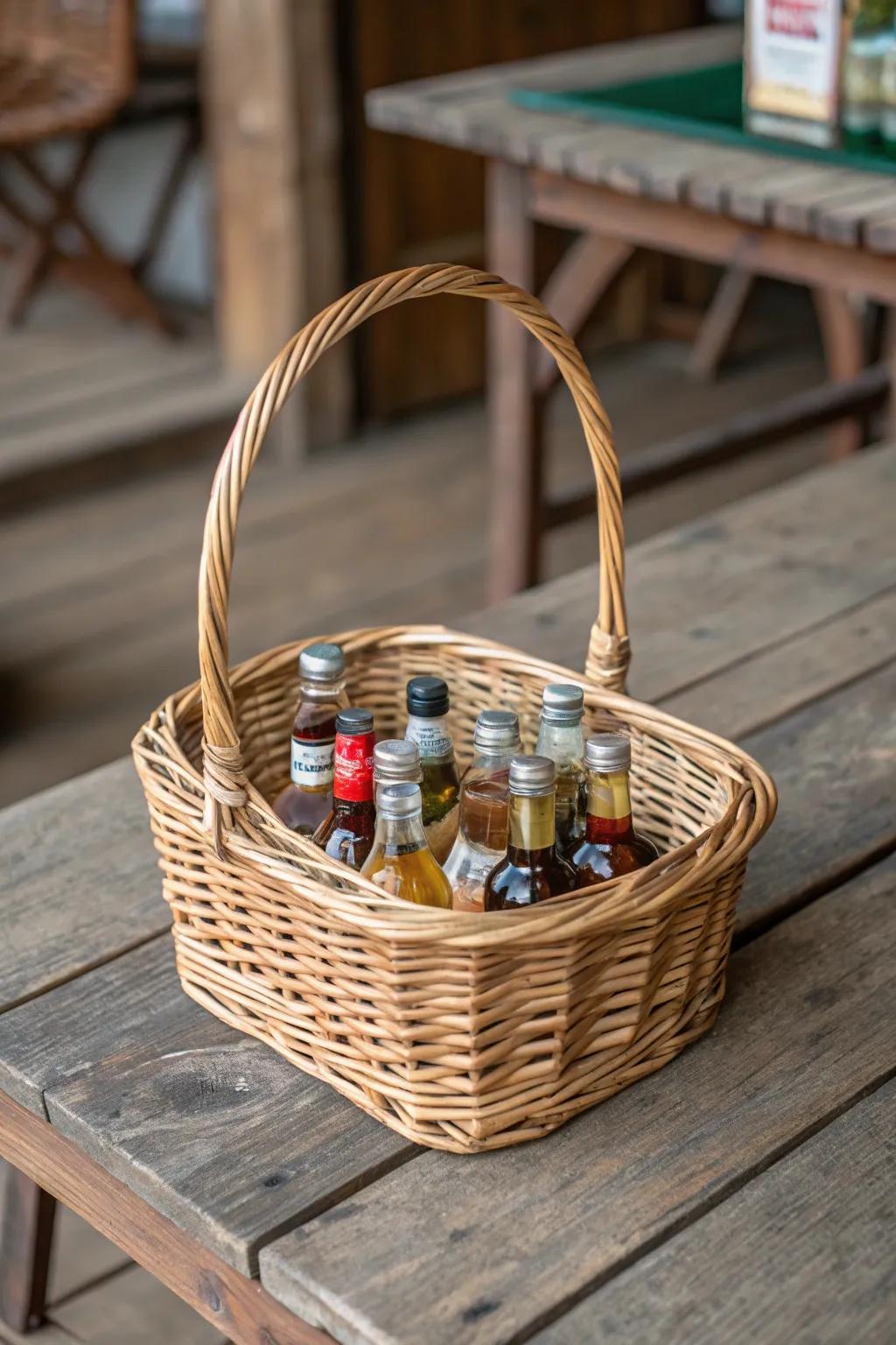 A cute wicker basket displaying a variety of small spirit bottles.