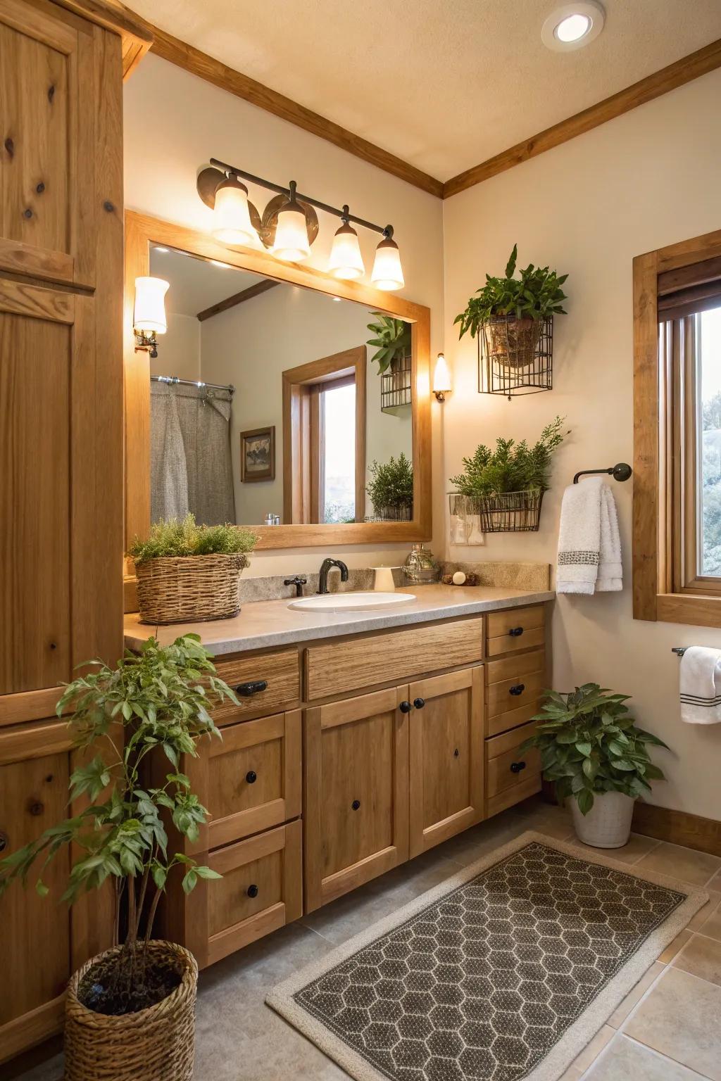 Cabinets in natural wood bring a cozy and sophisticated ambiance to any bathroom.
