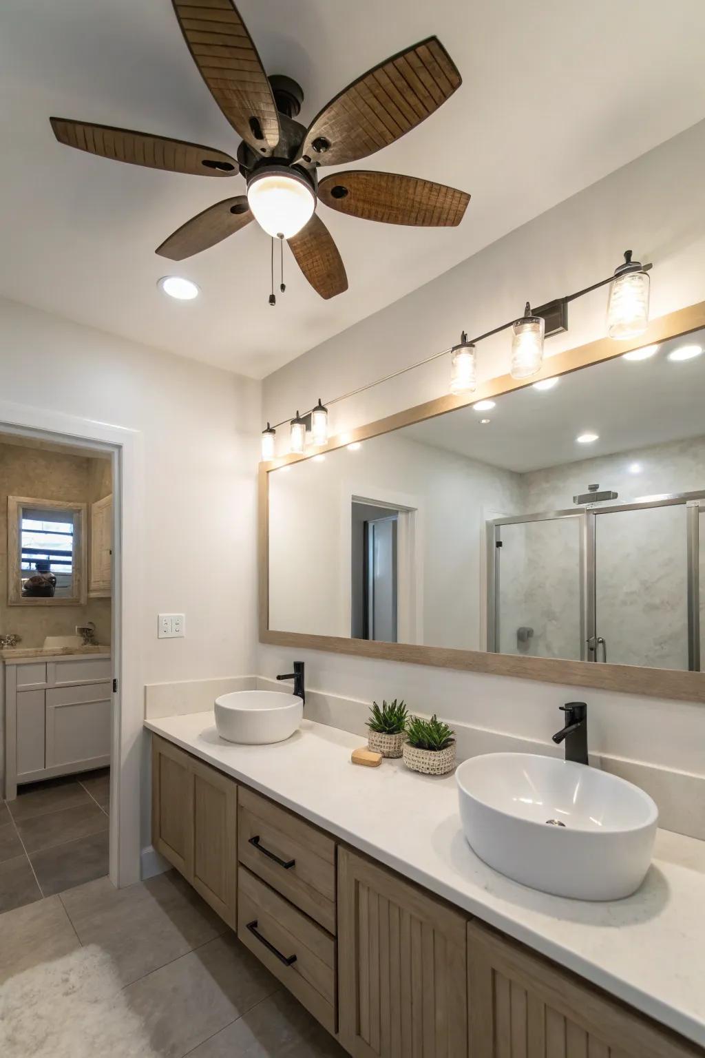A refined ceiling fan with illumination in a minimalist bathroom.