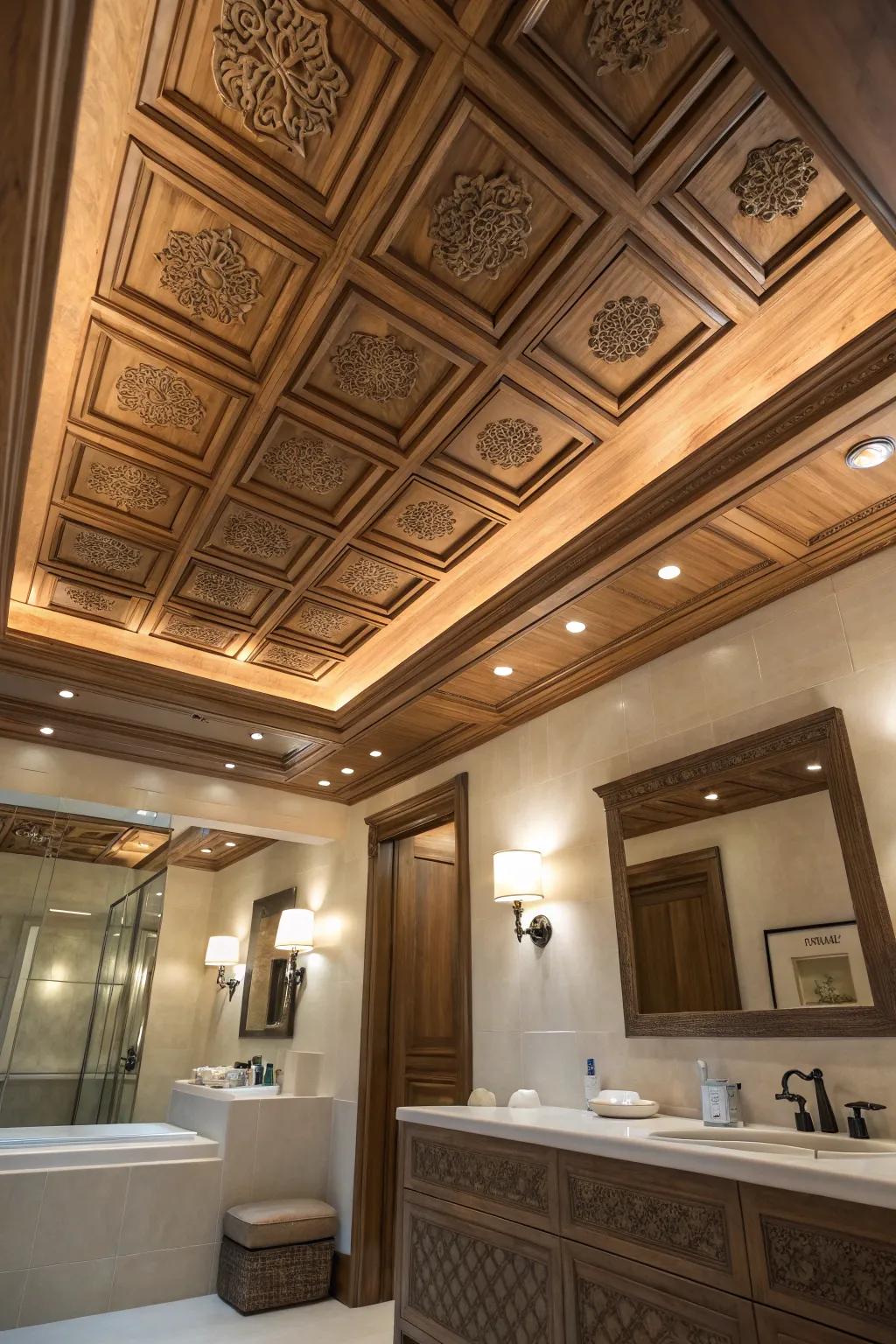 The ageless appeal of a coffered ceiling brings richness and sophistication to any bathroom setting.