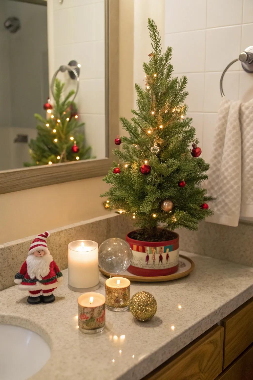 An adorable miniature Christmas tree adds festive charm to this bathroom corner.