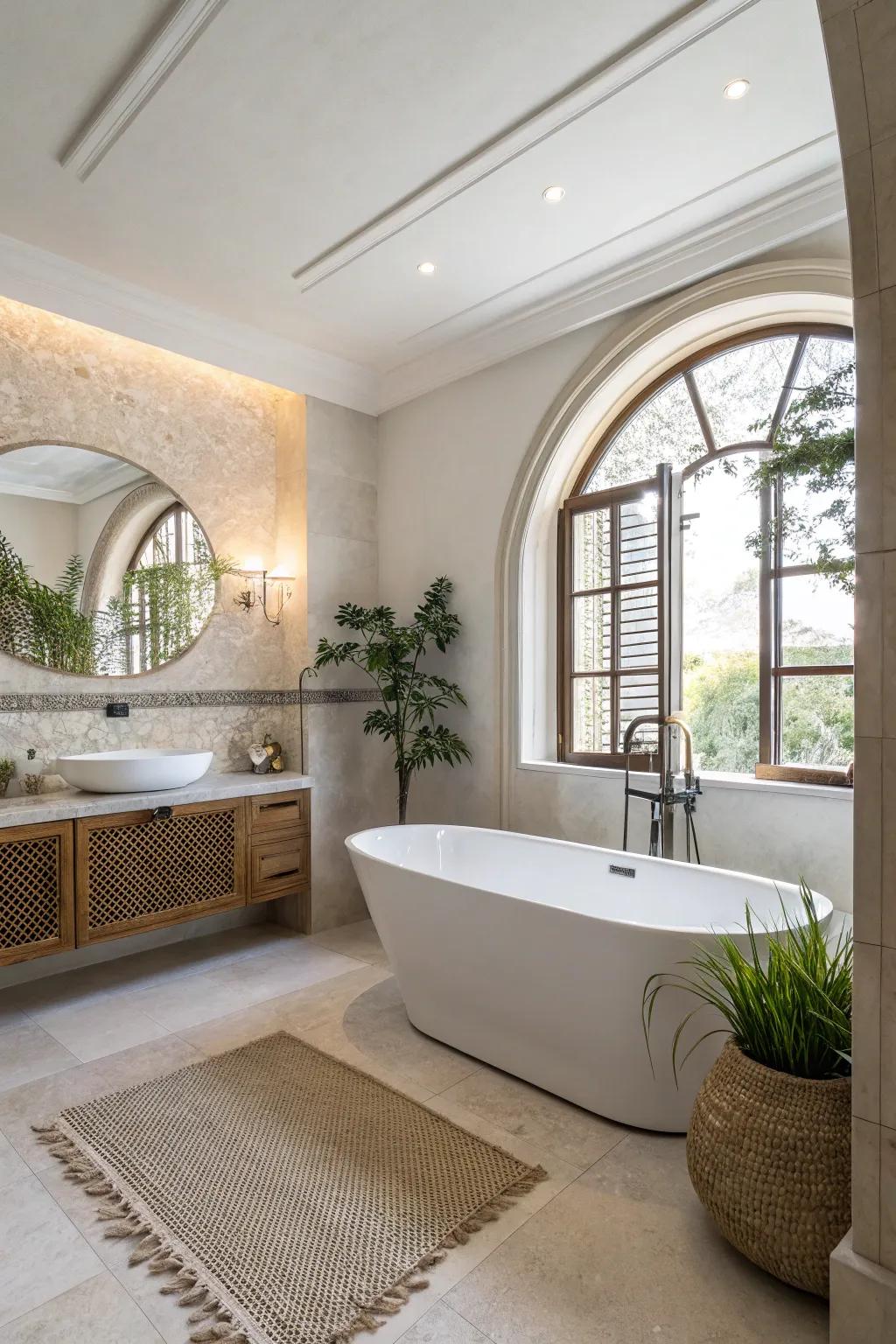 An elegant bathroom featuring a standalone tub as its centerpiece, embodying both luxury and relaxation.
