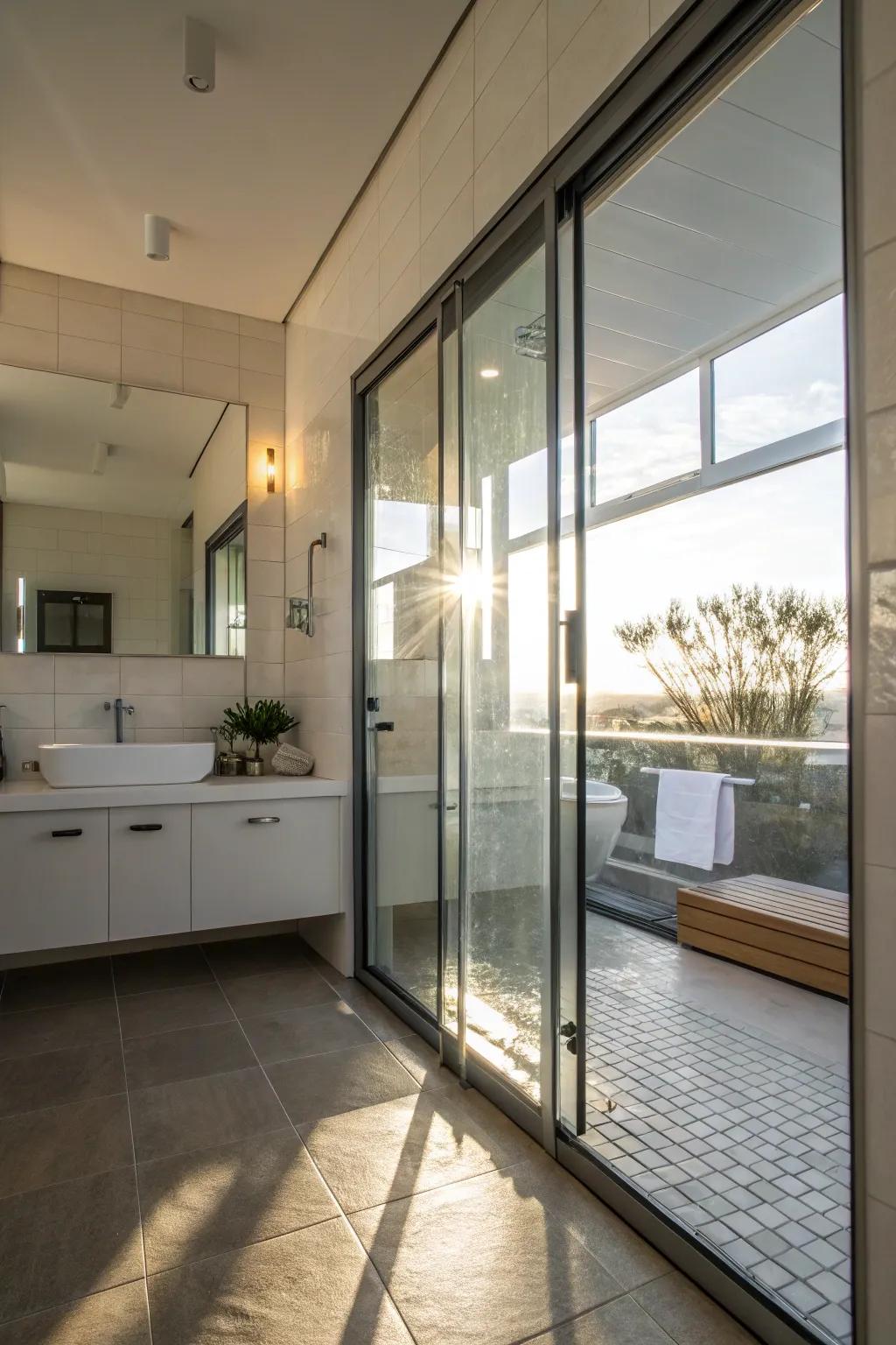 In a modern bathroom, glass doors help to maximize light and space.
