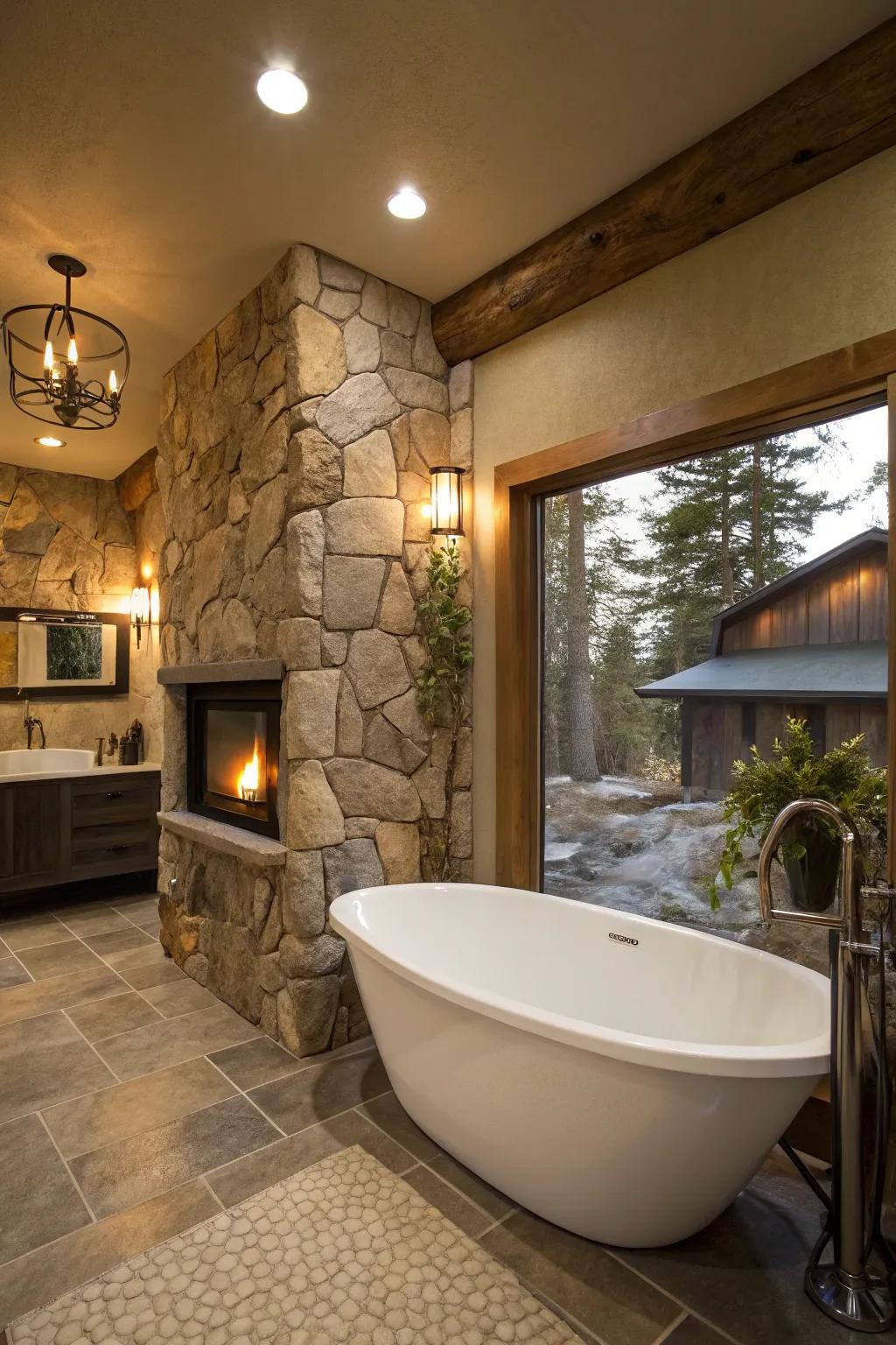 Standalone tub matched with a modern fireplace for ultimate relaxation.