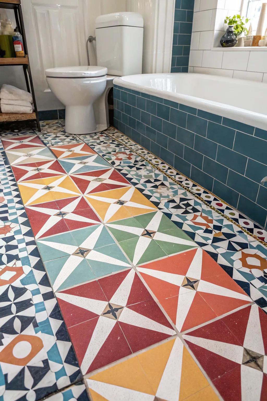 Geometric tiles give a modern look to bathroom floors.