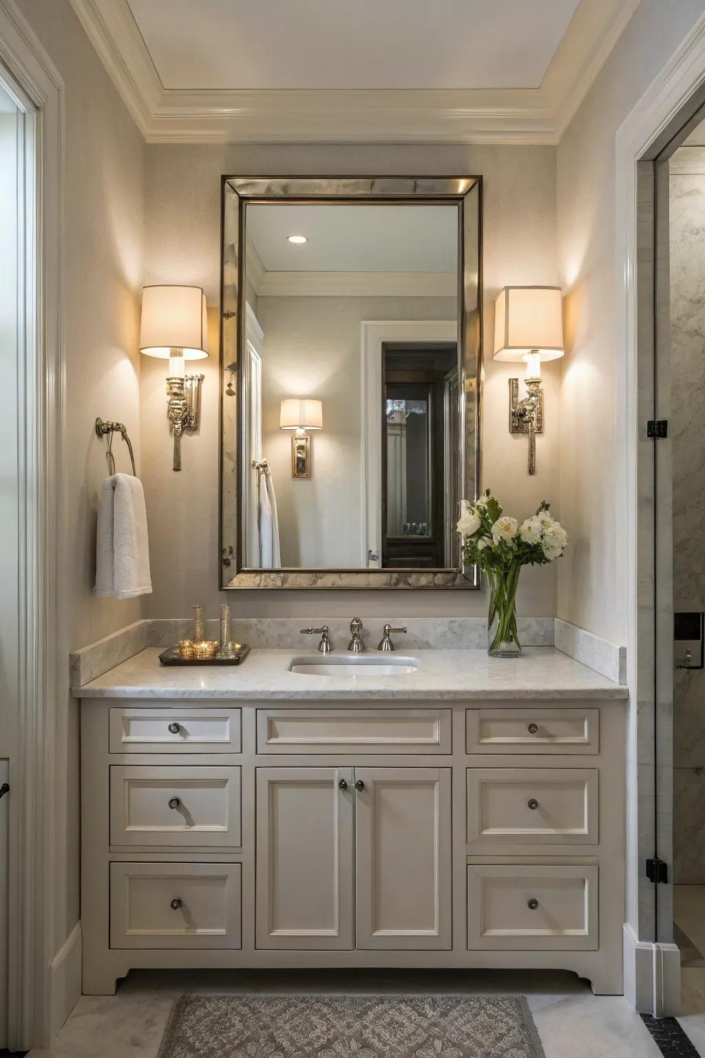 Symmetrically placed sconces ensure balanced lighting and add elegance.