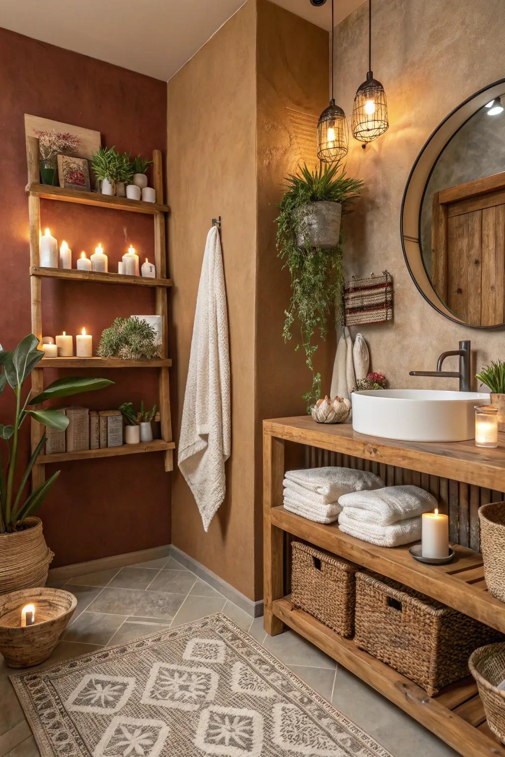 An earthy bathroom showcasing toasty colors and raw wood features.