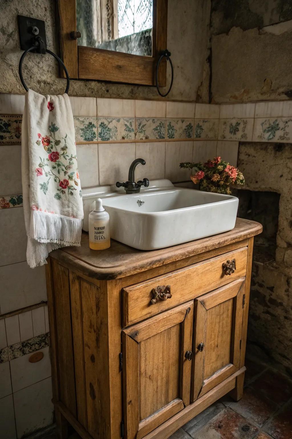 Vintage elegance defined by a rustic wood cabinet and a traditional sink.