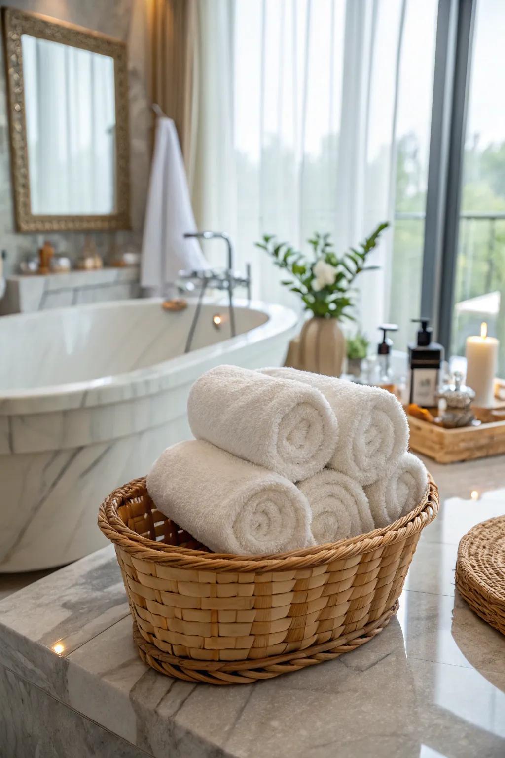 Create a spa-like experience with rolled towels.