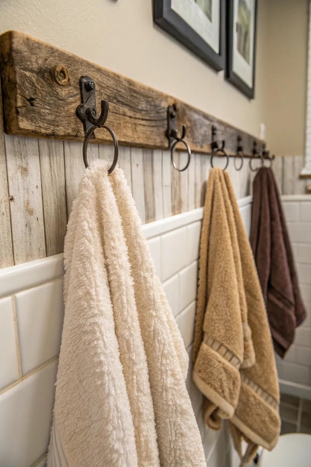 Upcycled wooden hooks bring a rustic charm to your bathroom.