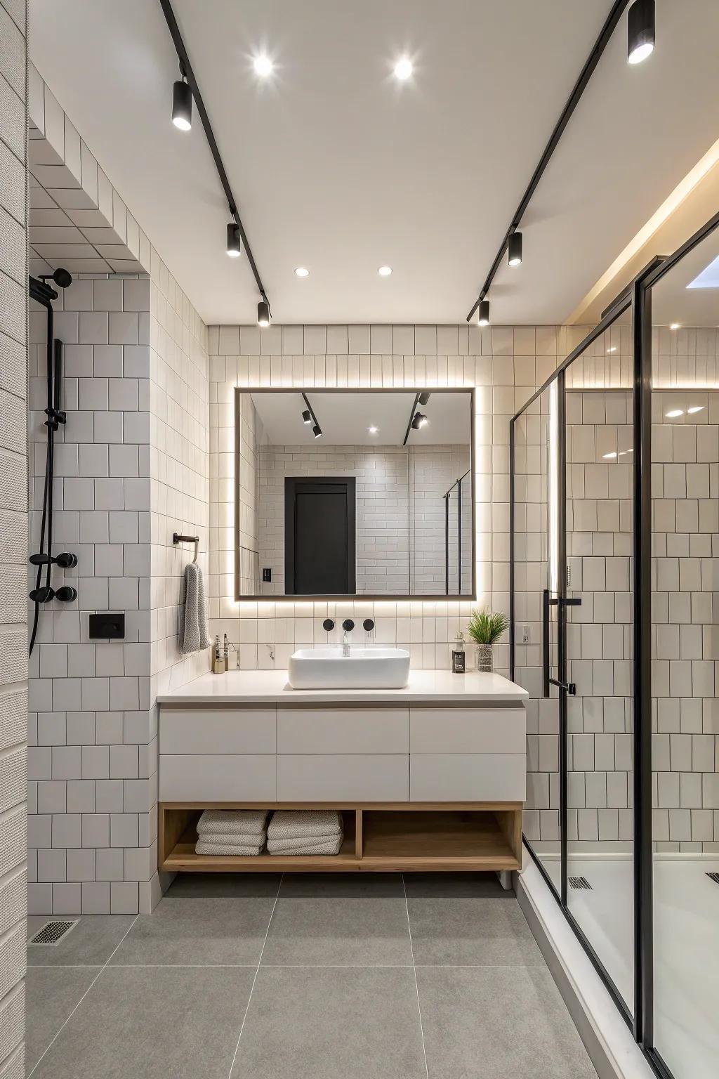 Straight-line modular lighting is a perfect match for a minimalist bathroom.
