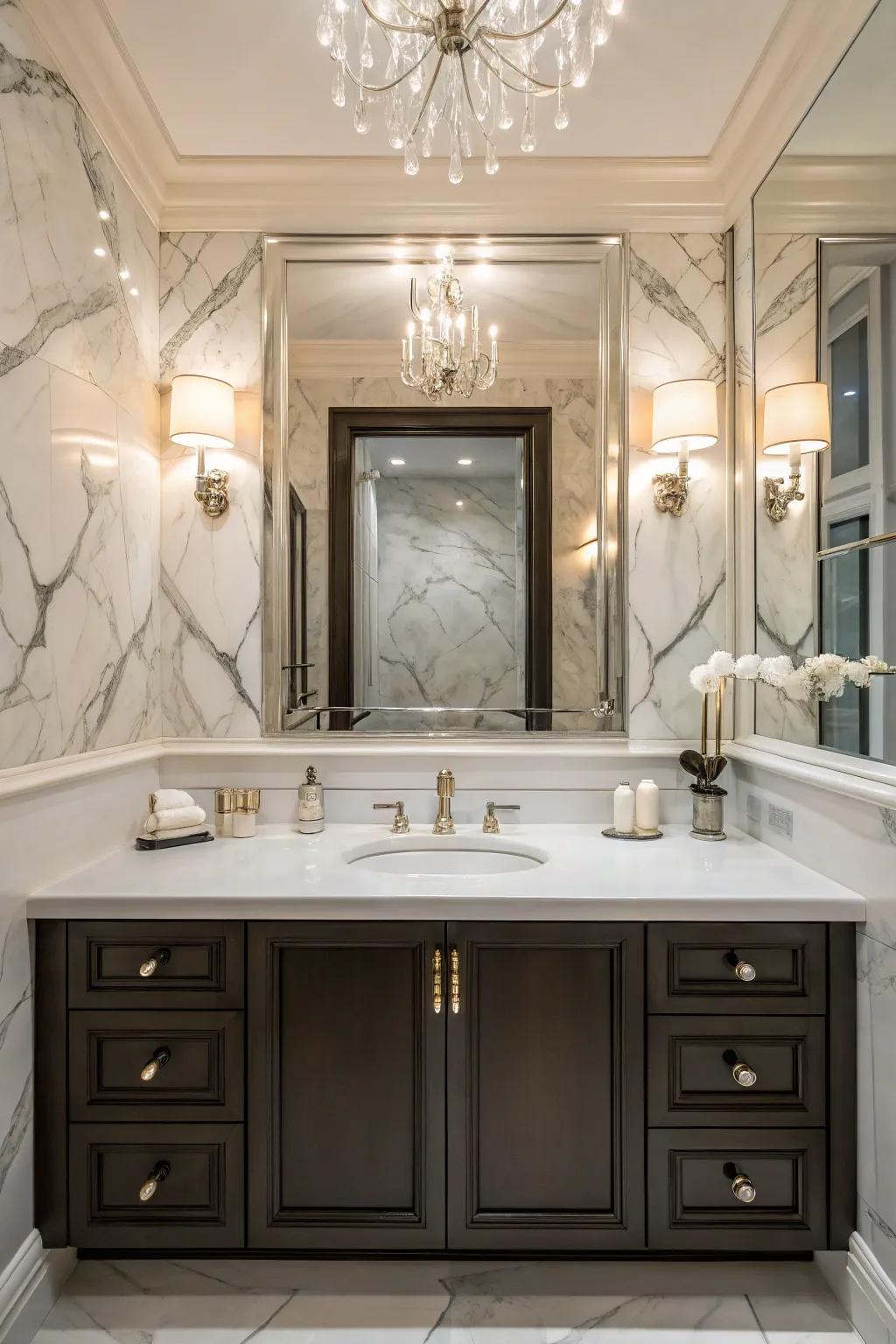 Marble backsplash brings timeless elegance to your bathroom.