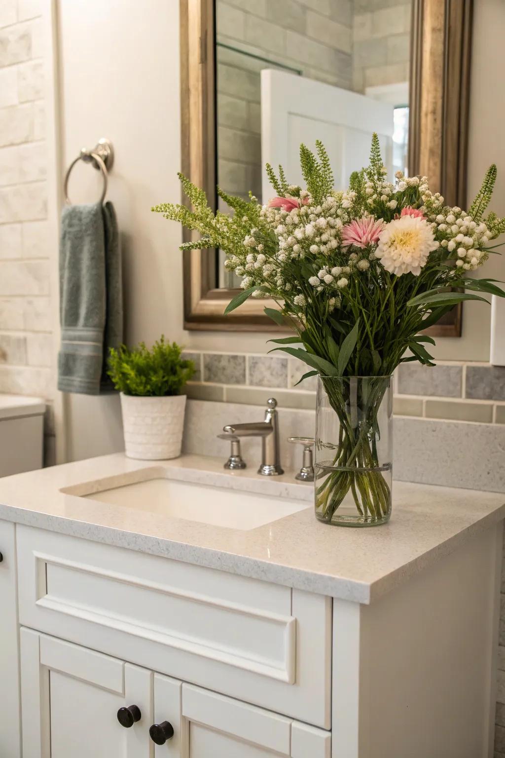 Greenery offers a revitalizing element to any bathroom vanity.