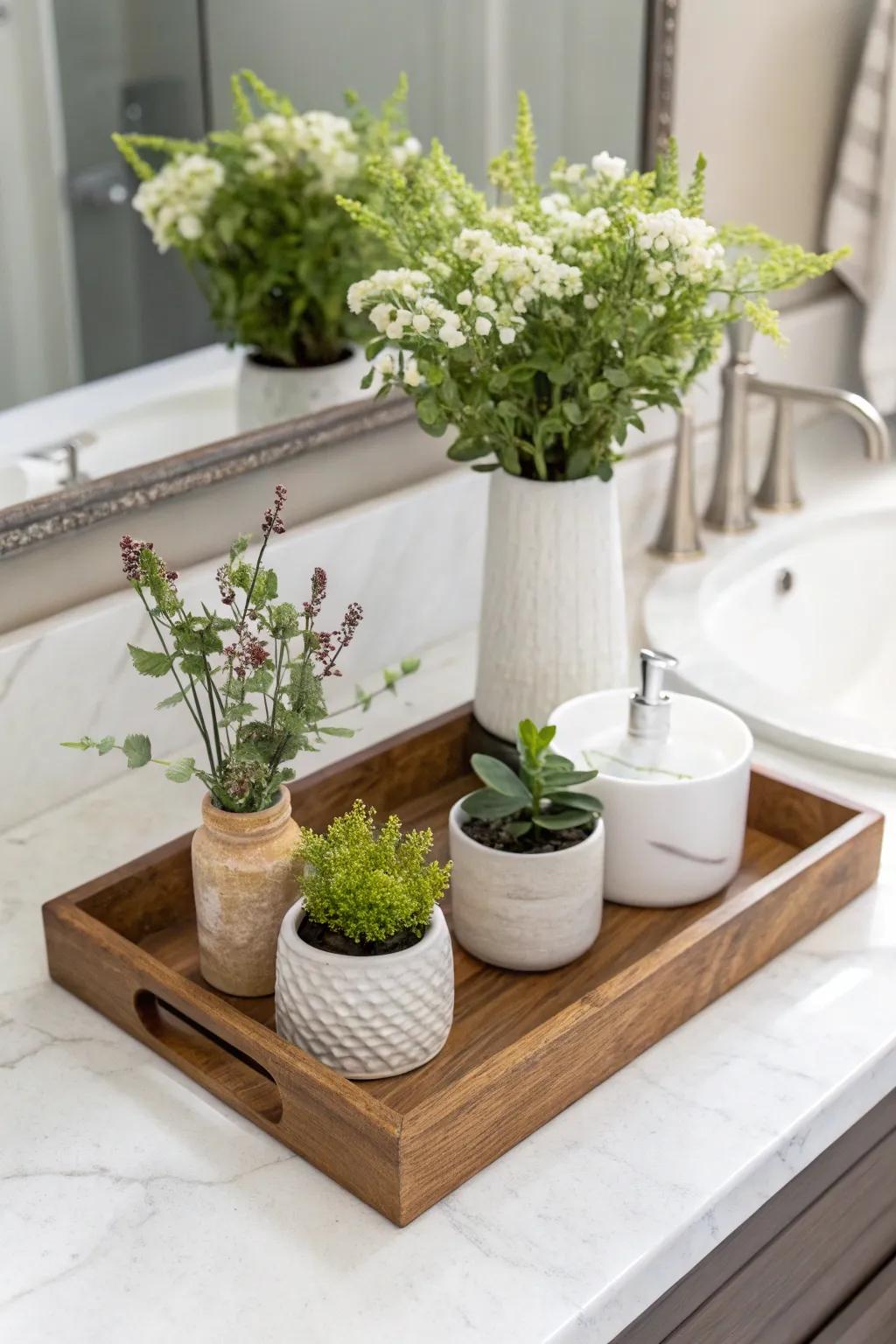 Natural accents bring a sense of renewal to a bathroom staging surface.