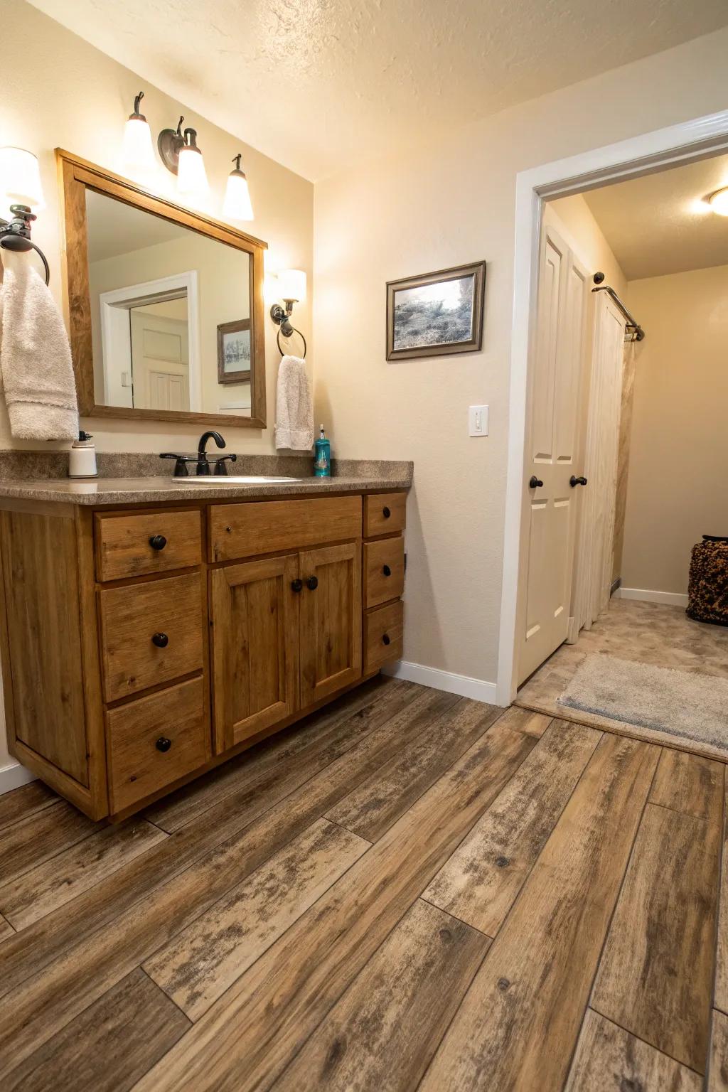 Resilient flooring in a rustic wood style makes this bathroom feel warm and inviting.