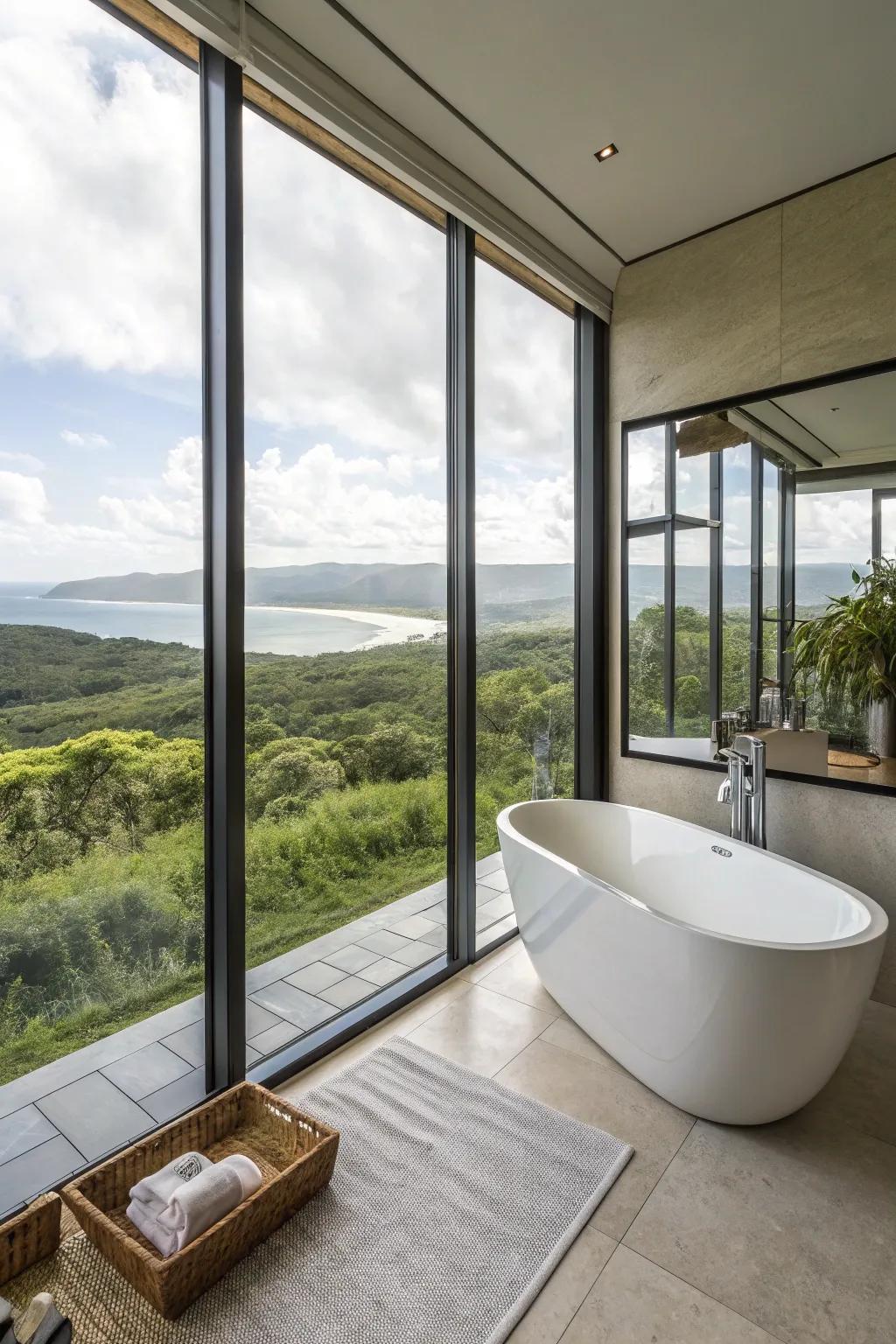 Expansive windows delivering spectacular views in a modern bathroom.