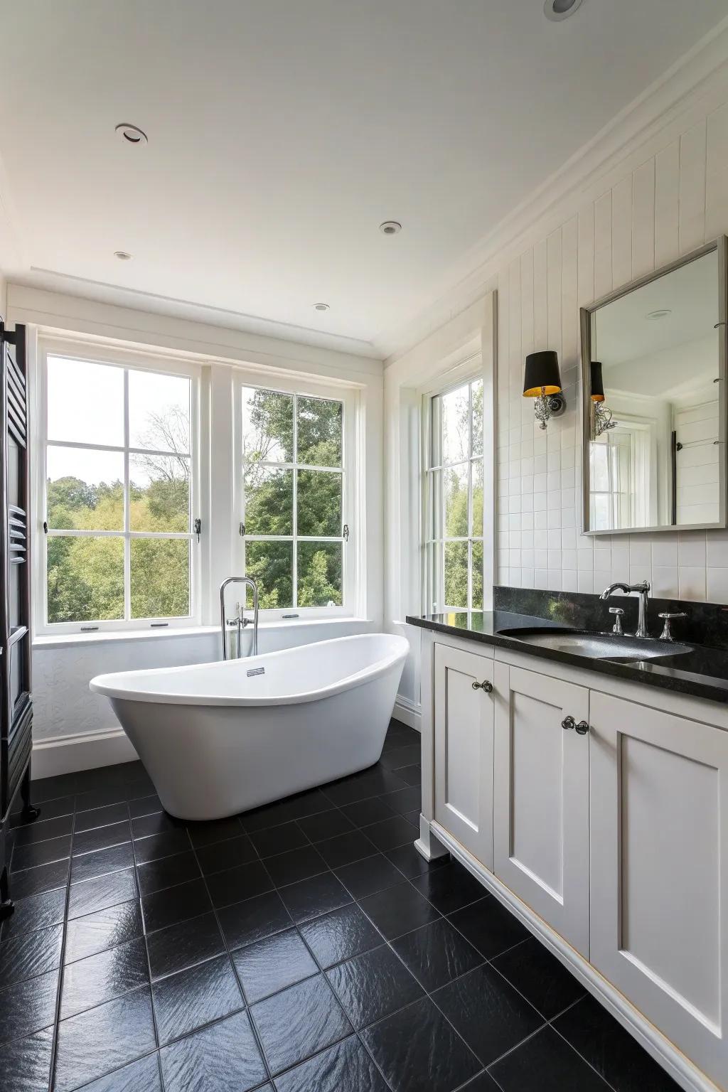 This bathroom achieves perfect harmony through the contrasting black and white elements.