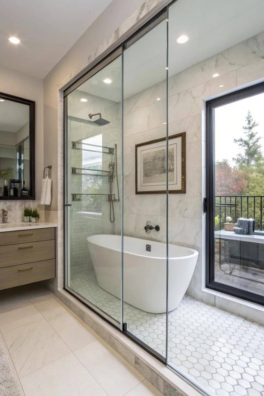 Frameless glass doors bring a sleek, open feel to your bathroom.