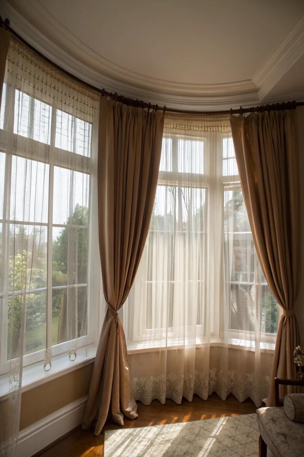Layered curtains provide flexibility and charm for your bay windows.