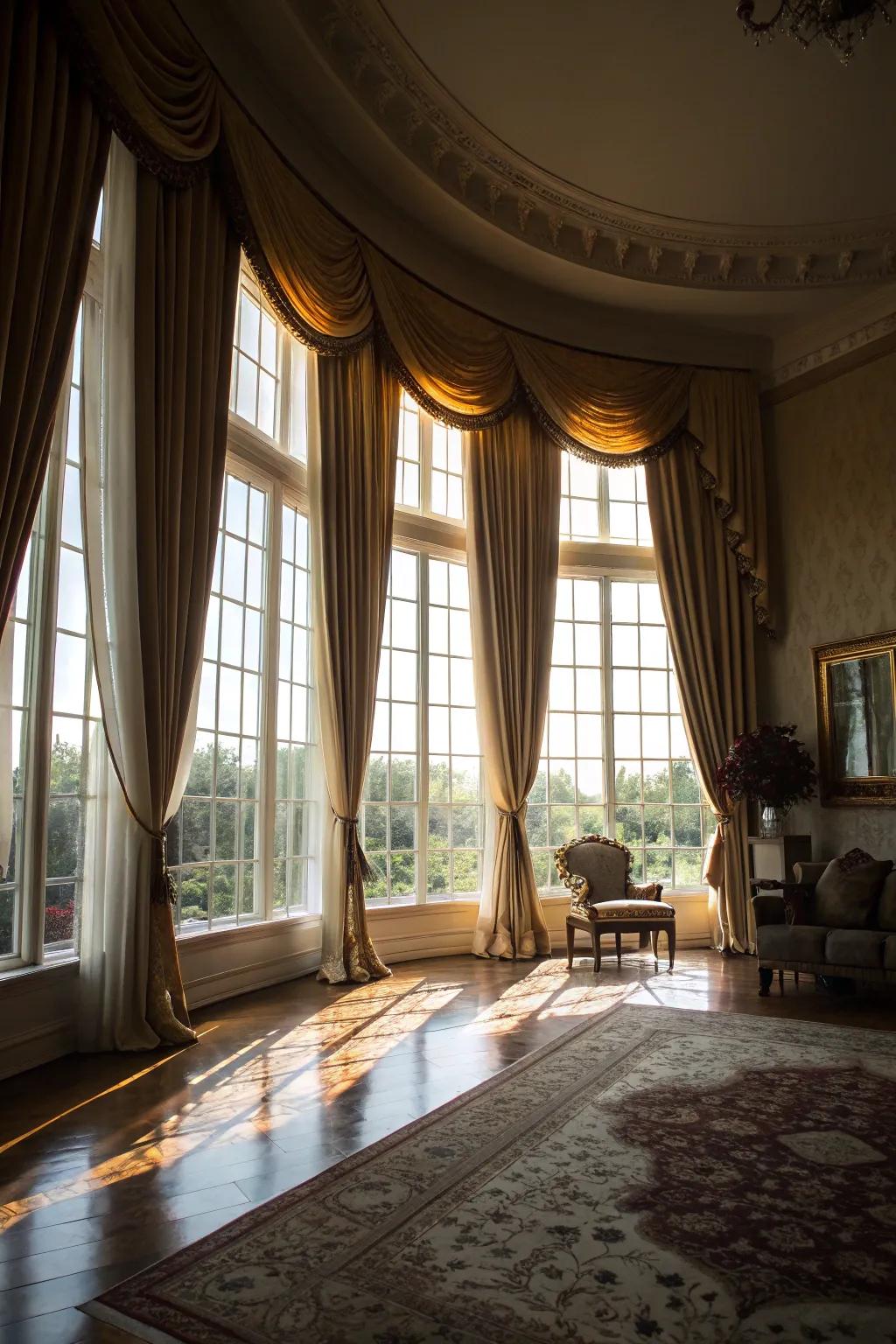 Floor-length curtains gently pooling for a dramatic and luxurious appearance.