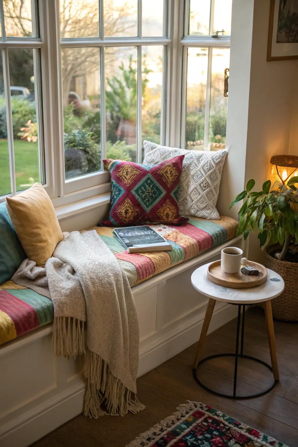 Design an inviting seating area using vibrant cushions and a soft throw.