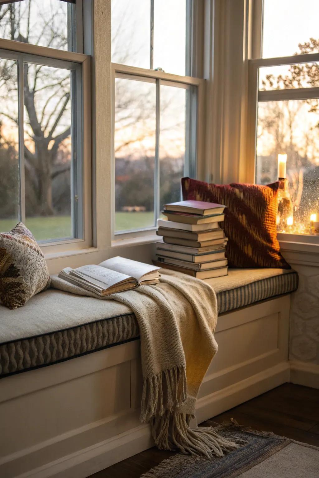 A snug reading retreat by the bay window offers the perfect spot for book enthusiasts.