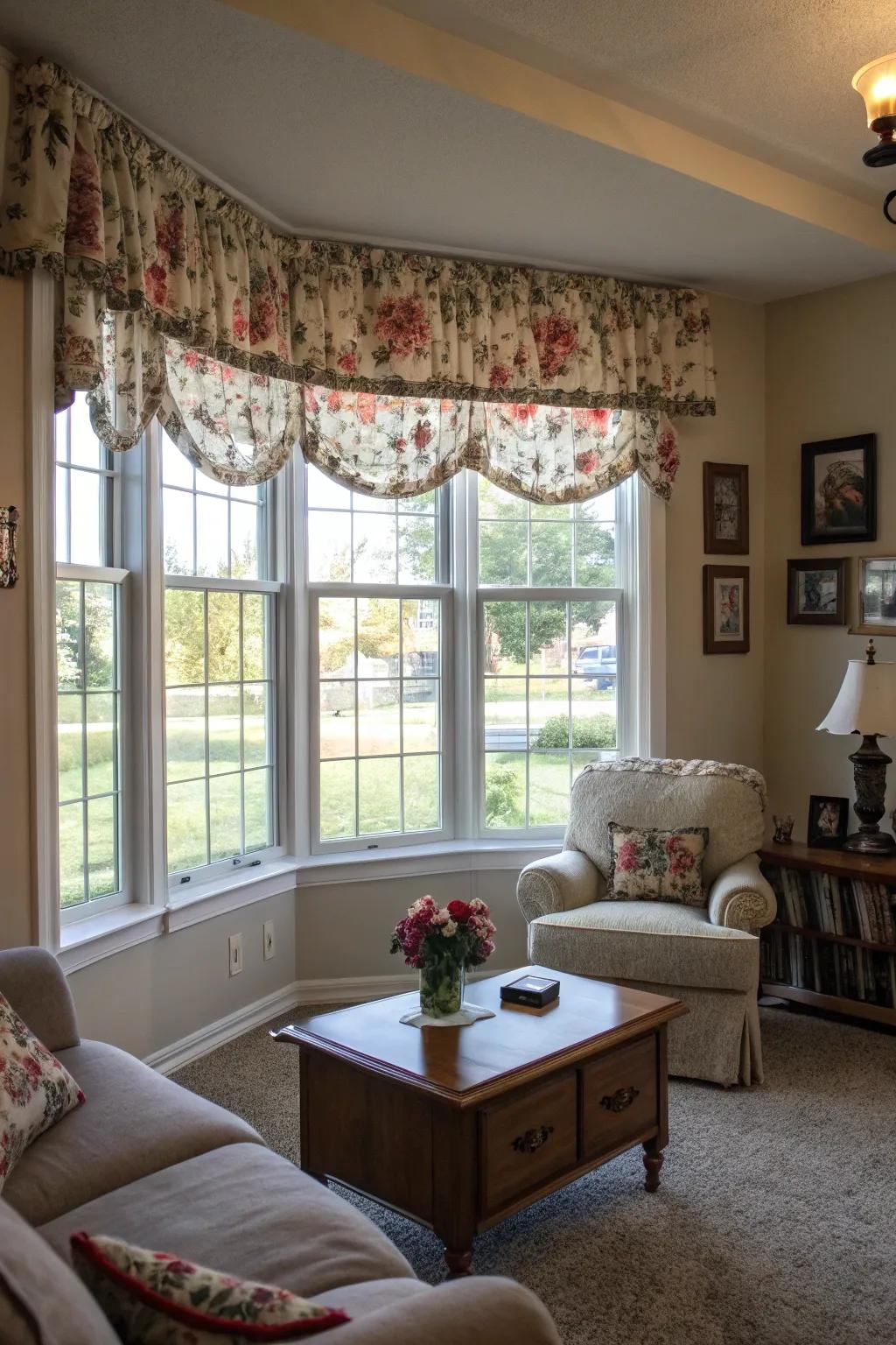 Striking patterns create a strong visual center for any bay window.