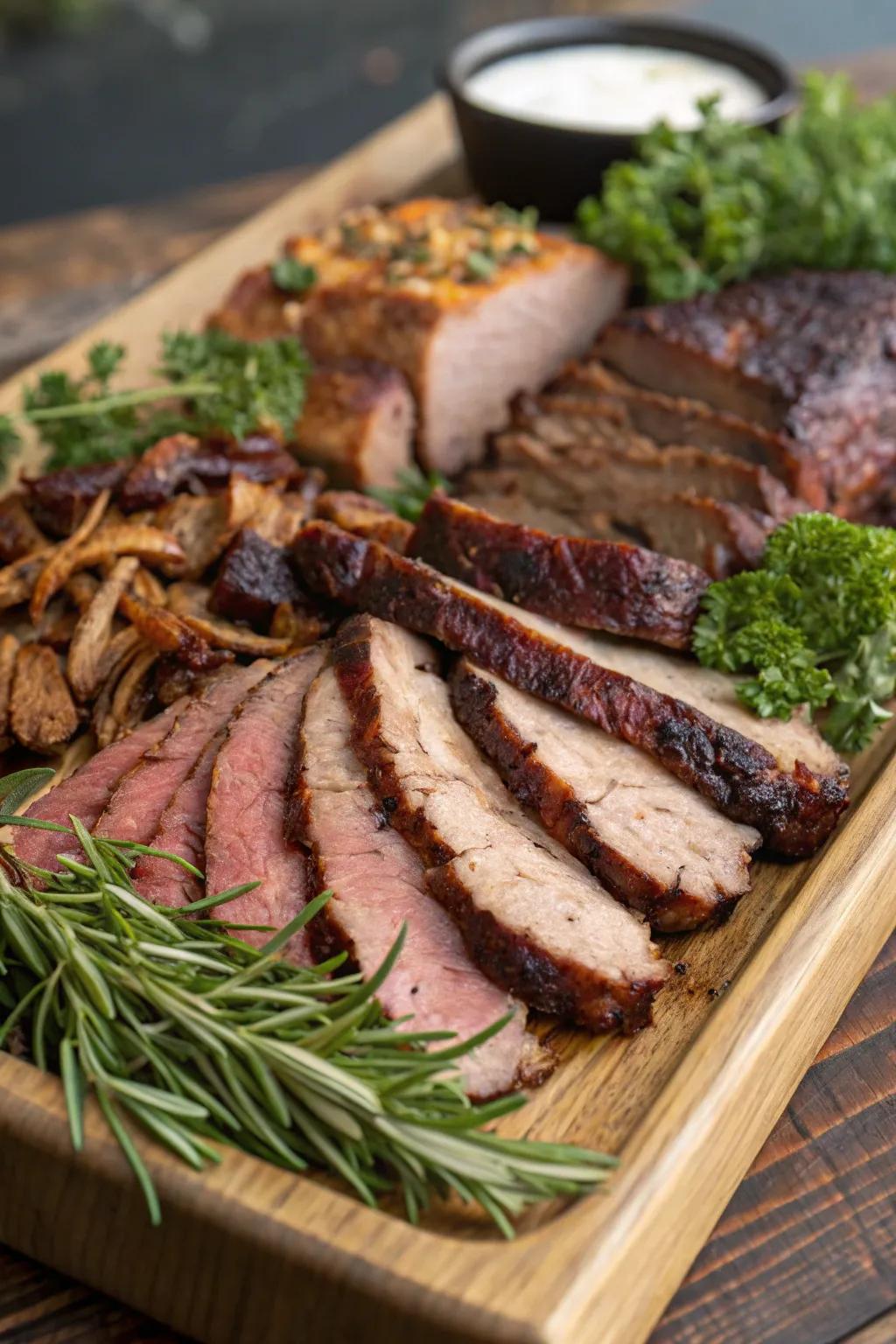 Delicious smoked meats form the core of this barbeque platter