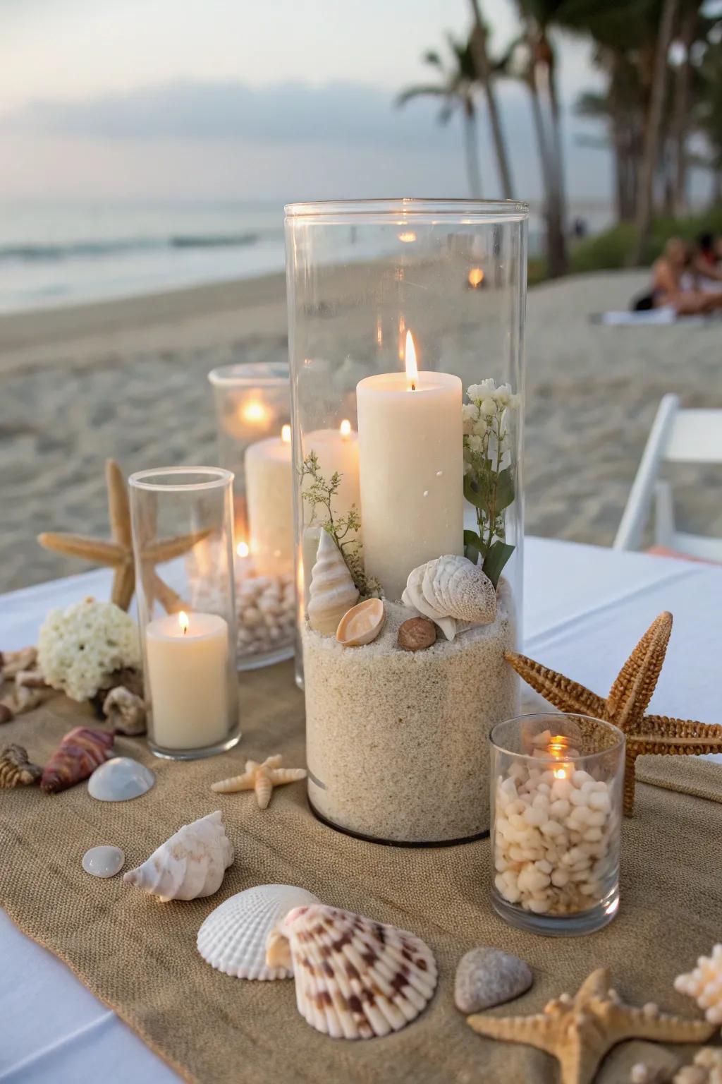 The delicate glow of candlelight paired with seashells crafts captivating centerpieces for your beach theme.