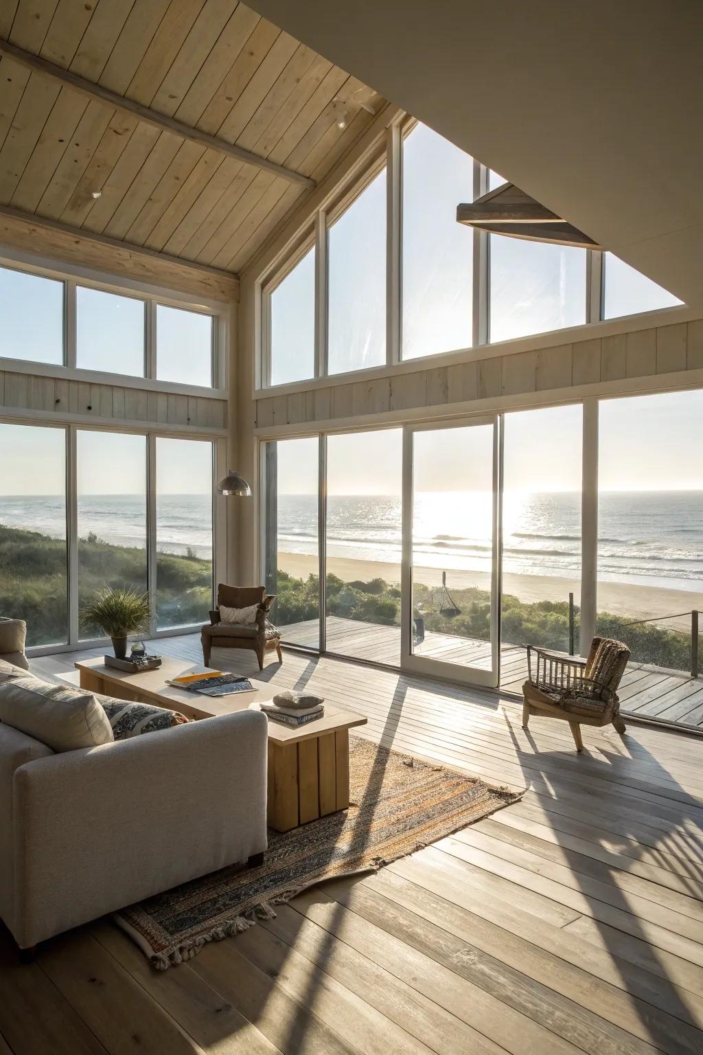 An open, bright beach house interior radiating light and coziness.