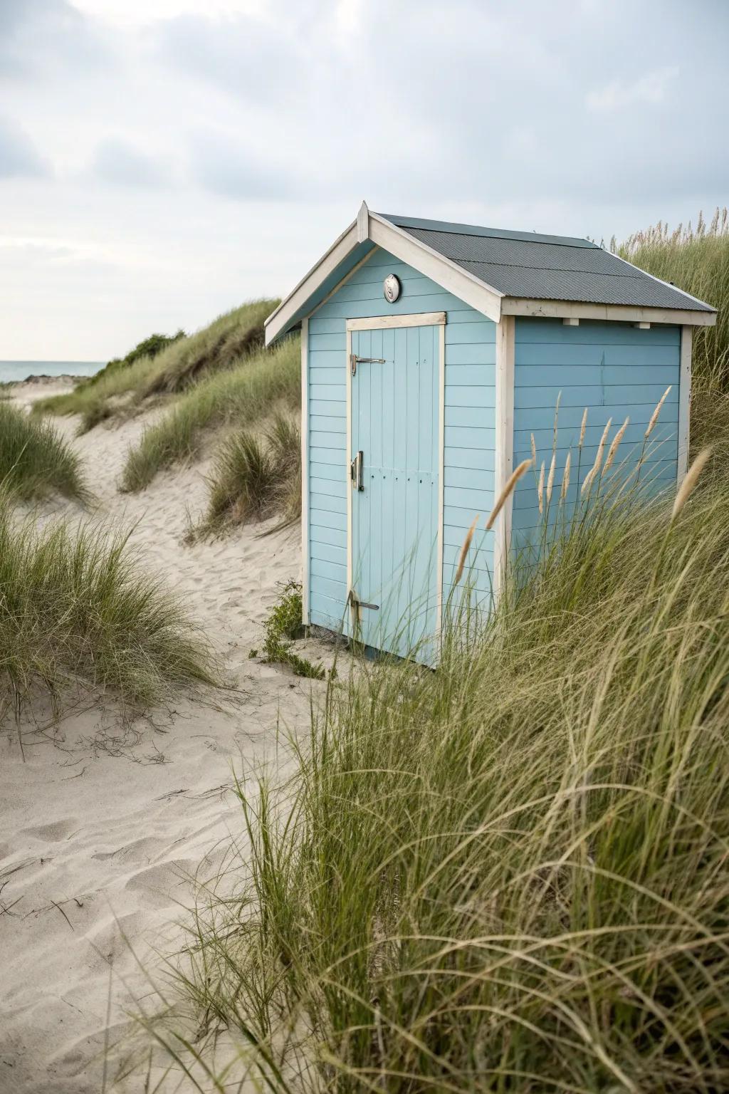 A beach shed showcasing a tranquil nautical palette for an energizing coastal aesthetic.