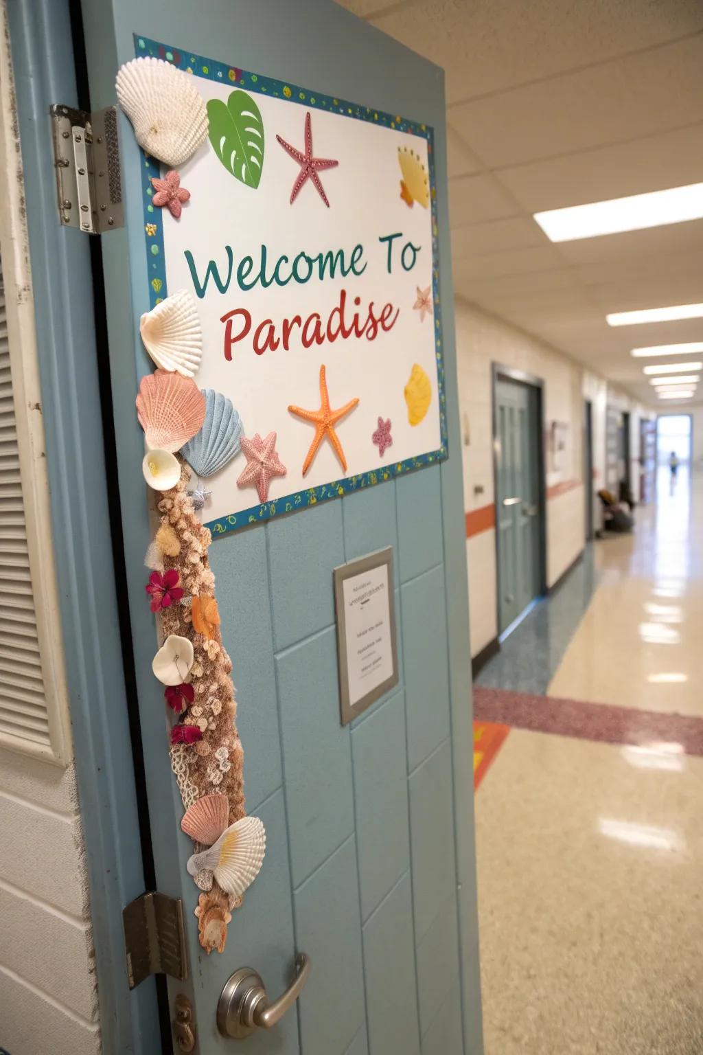 Classroom entrance greeting learners with a 'Coastal Welcome' sign and seaside accents.
