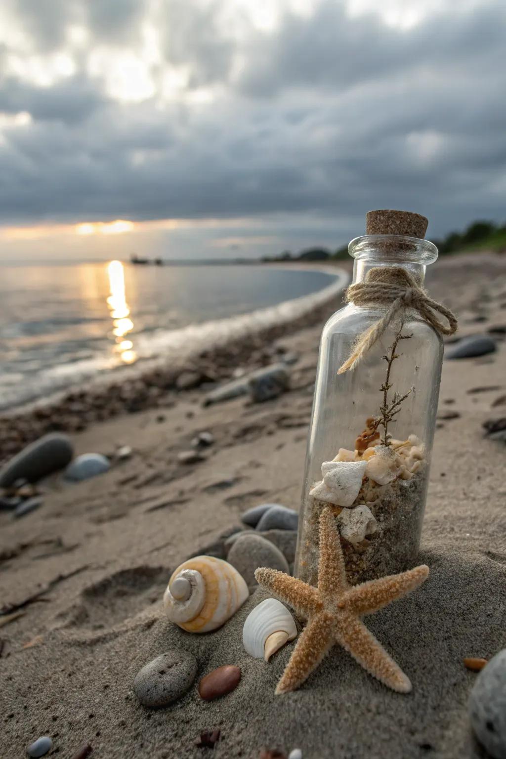 Small crystal vessels containing beach elements serve as lovely mementos.