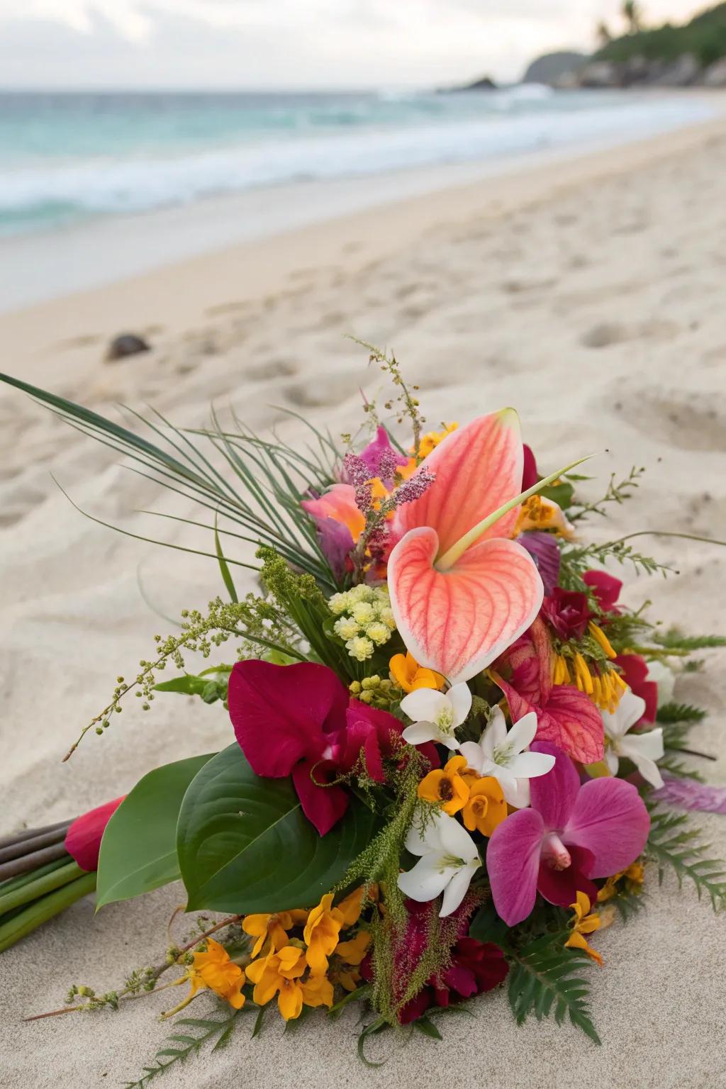 A vibrant tropical flower bouquet that's ideal for a beach wedding.
