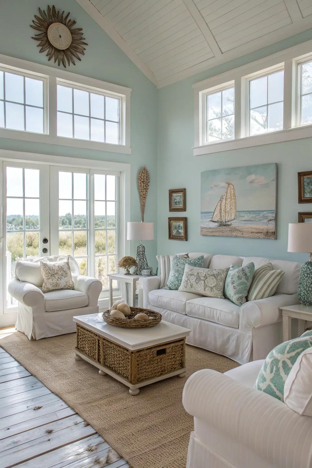 A gentle blue and white color scheme crafts a serene coastal environment.