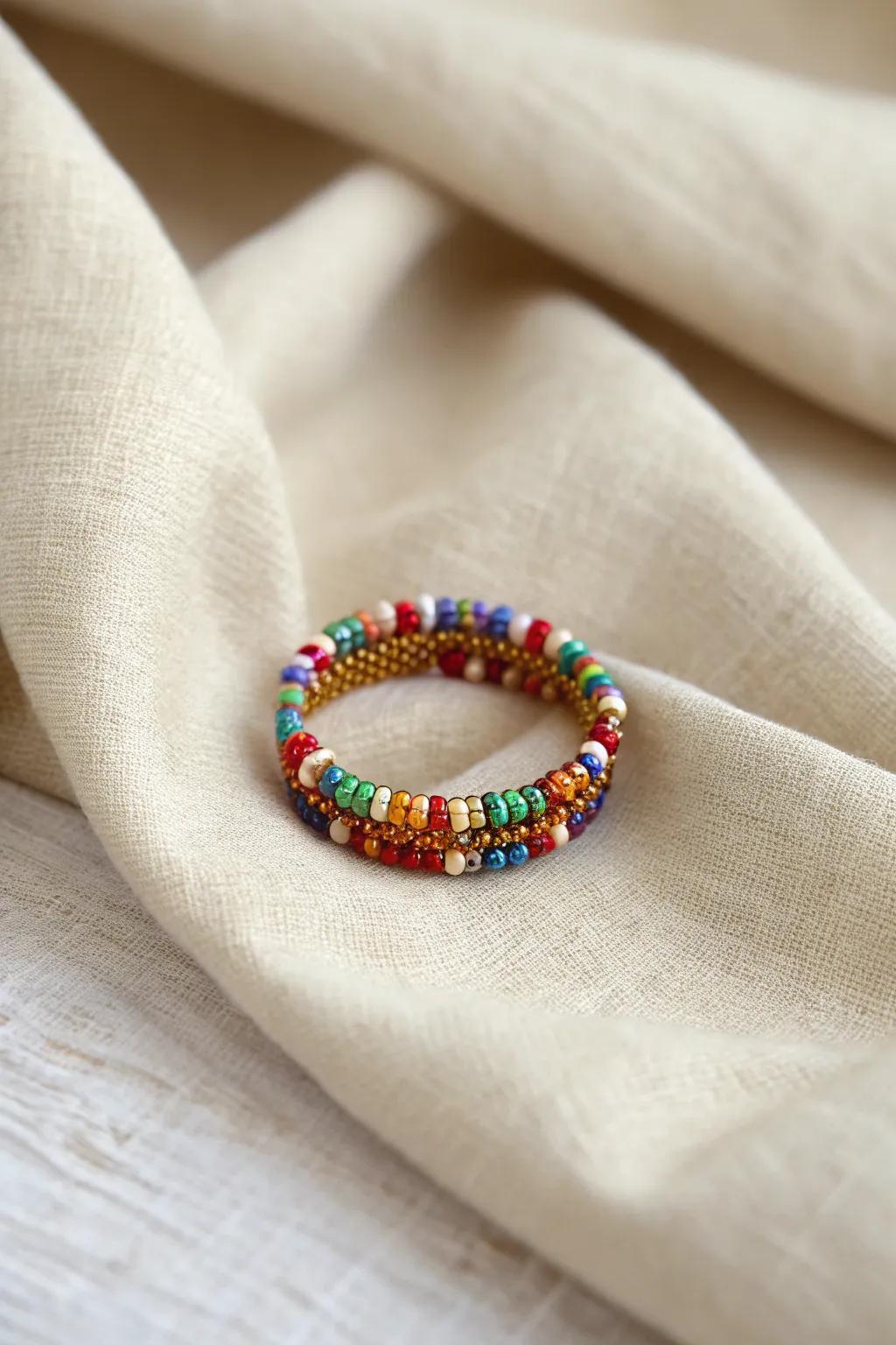 Enjoy the vibrant energy of a celebration with this exquisite handmade beaded ring.