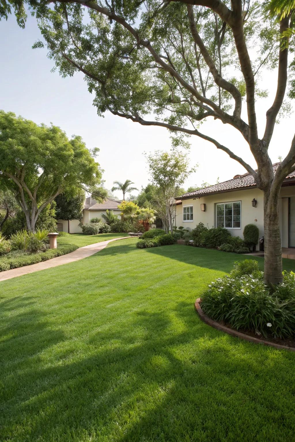 A lively green lawn enhances the allure of the front yard.