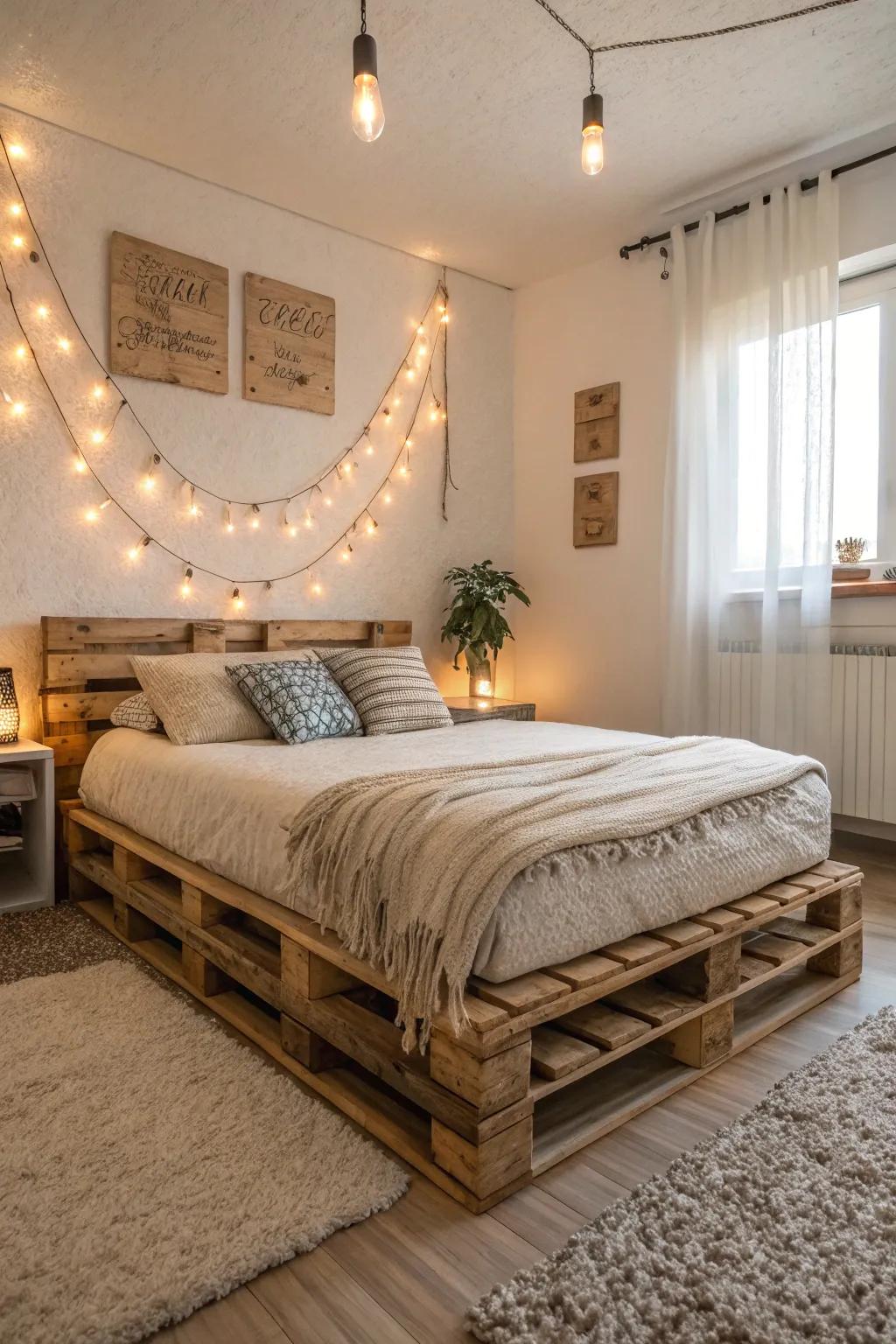 A down-to-earth pallet bed frame brings a sense of warmth and uniqueness to any sleeping space.