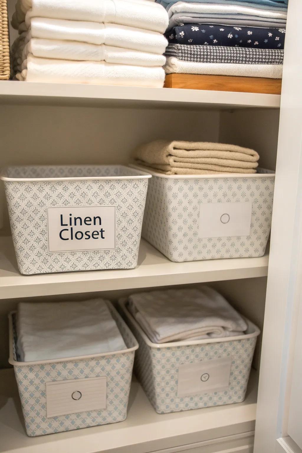 Labeling your storage bins can make finding bed sheets a breeze.