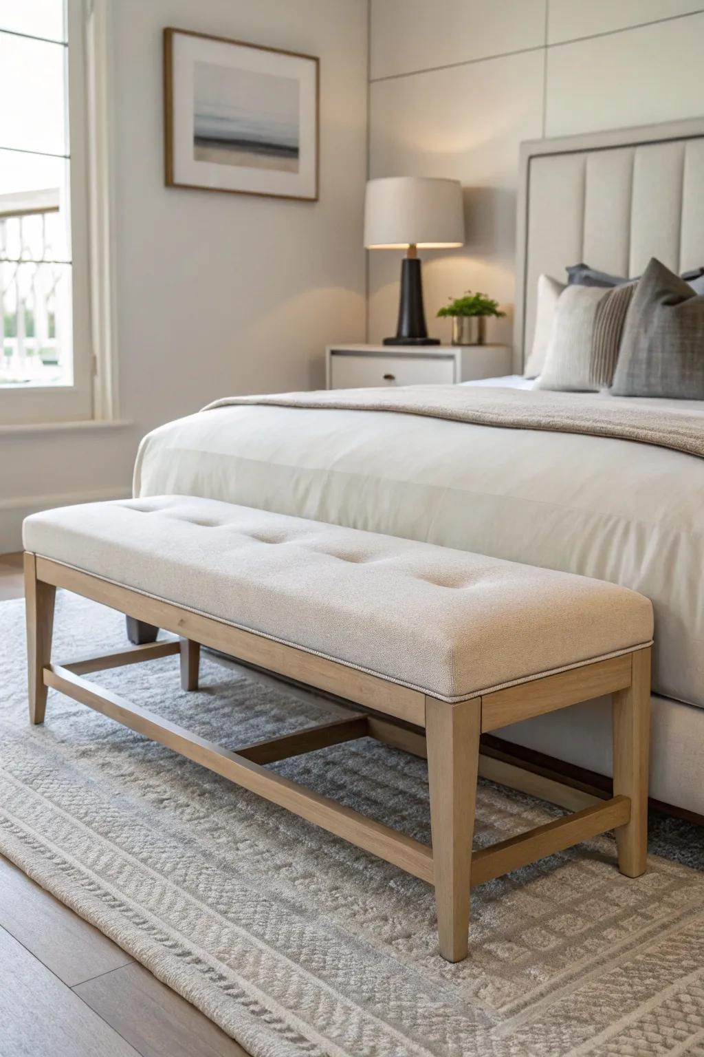 Modern simplicity achieved with a minimalist bench, promoting a clutter-free environment.