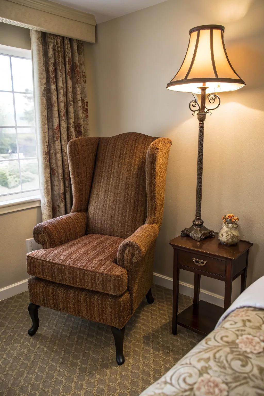A wingback chair is an excellent choice for a personal reading corner in any bedroom.