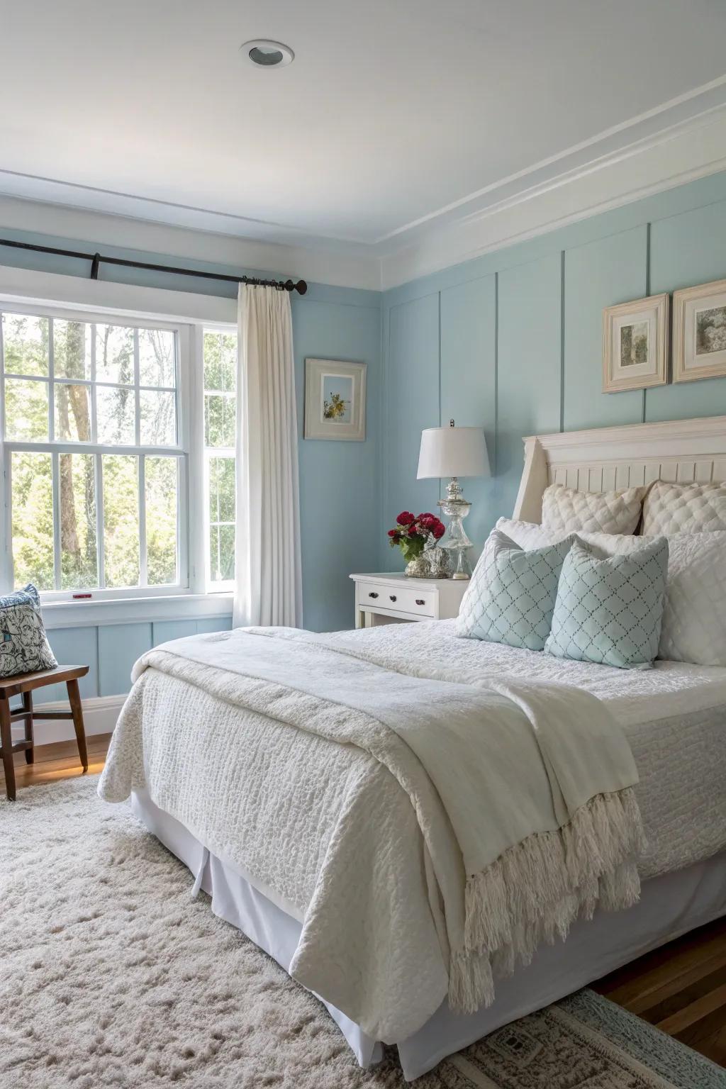 Evoke a calming ambiance with light blue shades.