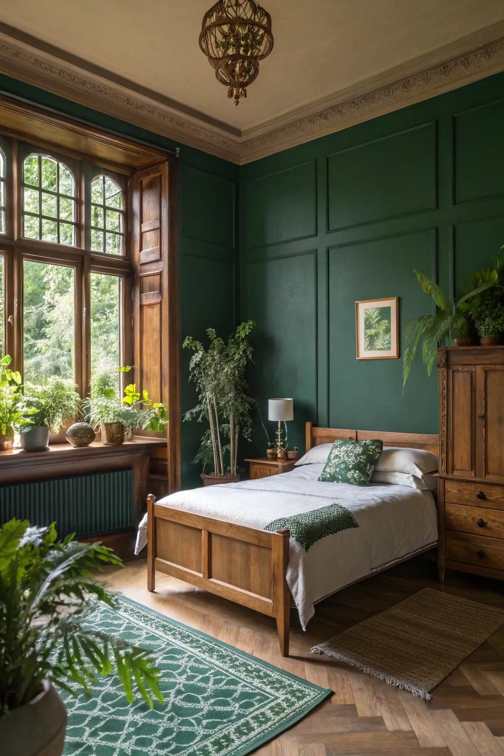 Walls painted deep green introduce the peacefulness of the outdoors into your bedroom.