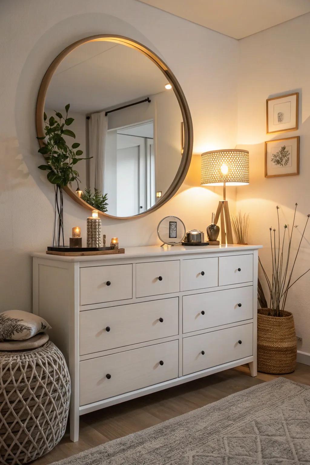 Mirrors enhance the spaciousness and elegance of your dresser setup.