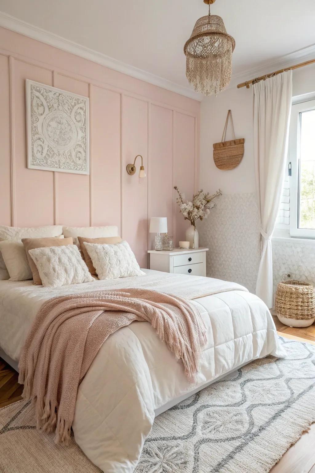 A serene bedroom with soft pastel walls and white accents, perfect for a peaceful retreat.