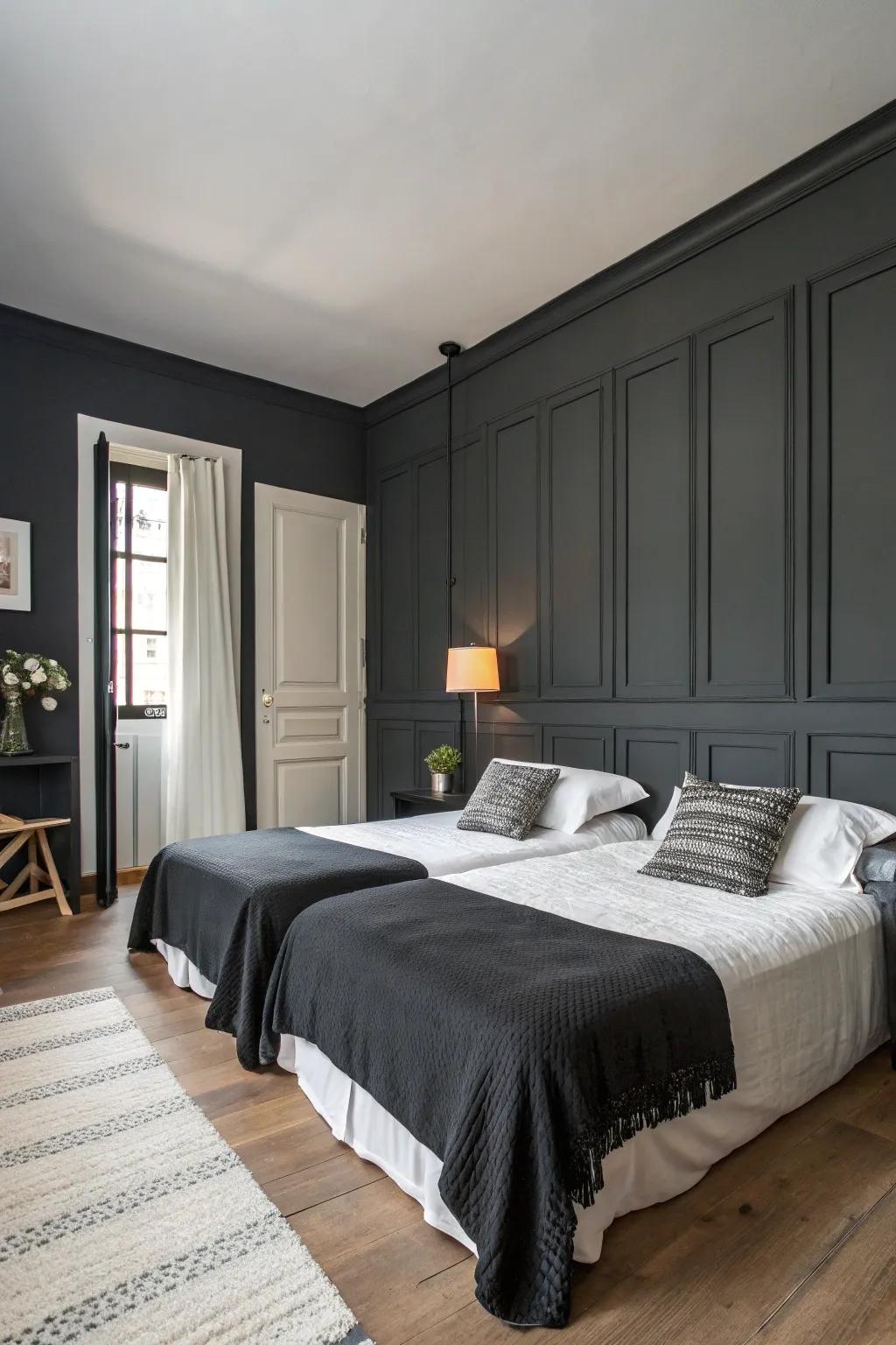A masculine bedroom showcasing a dark gray color scheme with minimalist design elements.