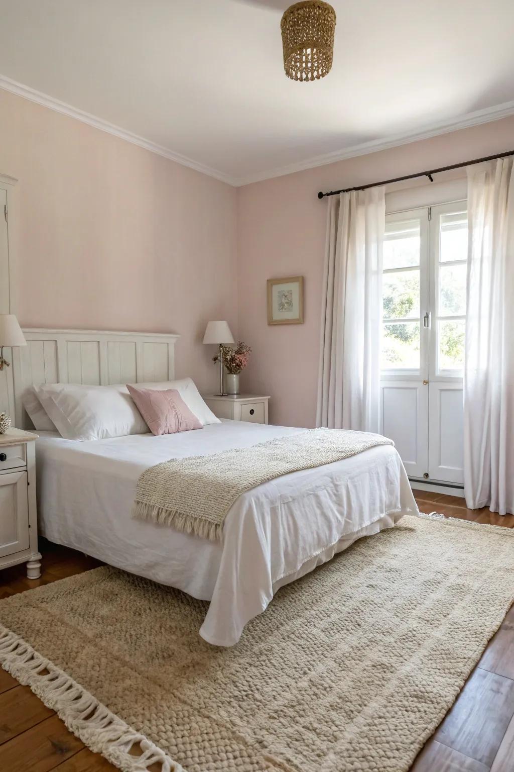 A bedroom showcasing soft pastels and neutral tones for a peaceful ambiance.