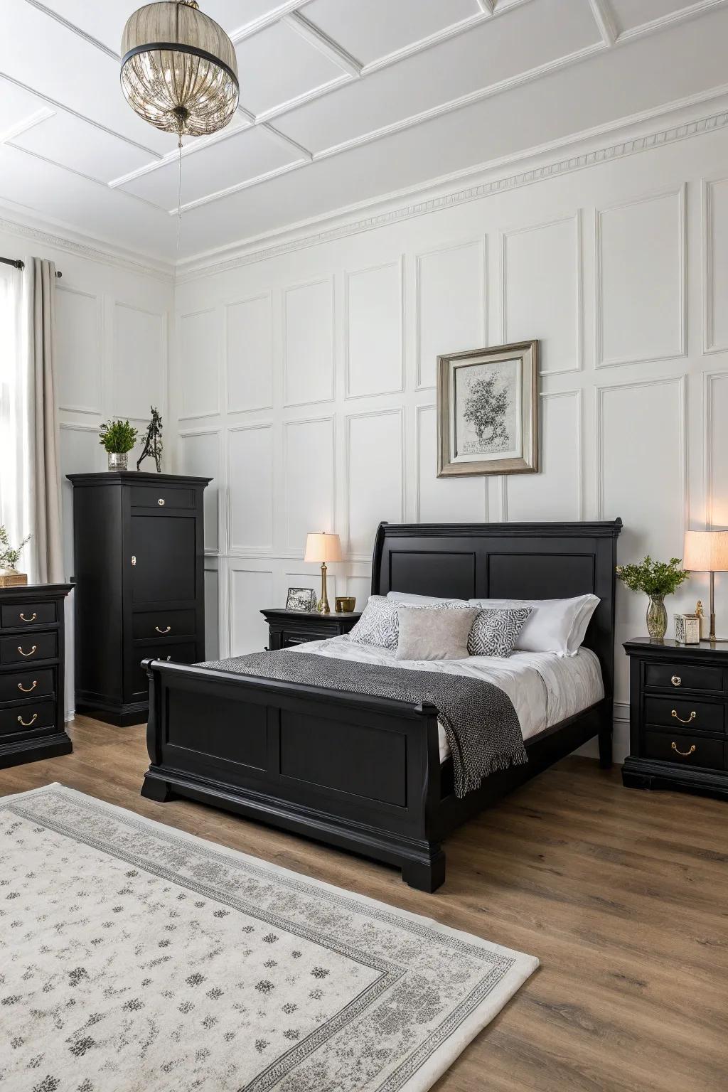 Sophisticated dark furniture elegantly positioned against a backdrop of bright white walls for a timeless appeal.