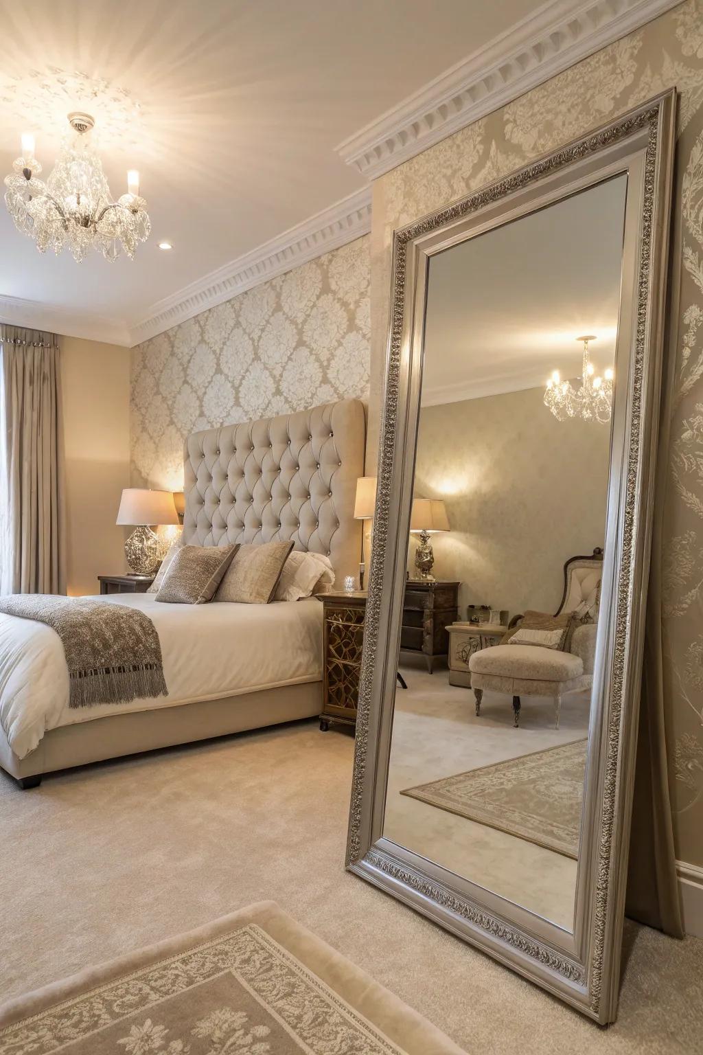 A beautifully arranged bedroom featuring a floor-length mirror that accentuates space and elegance.